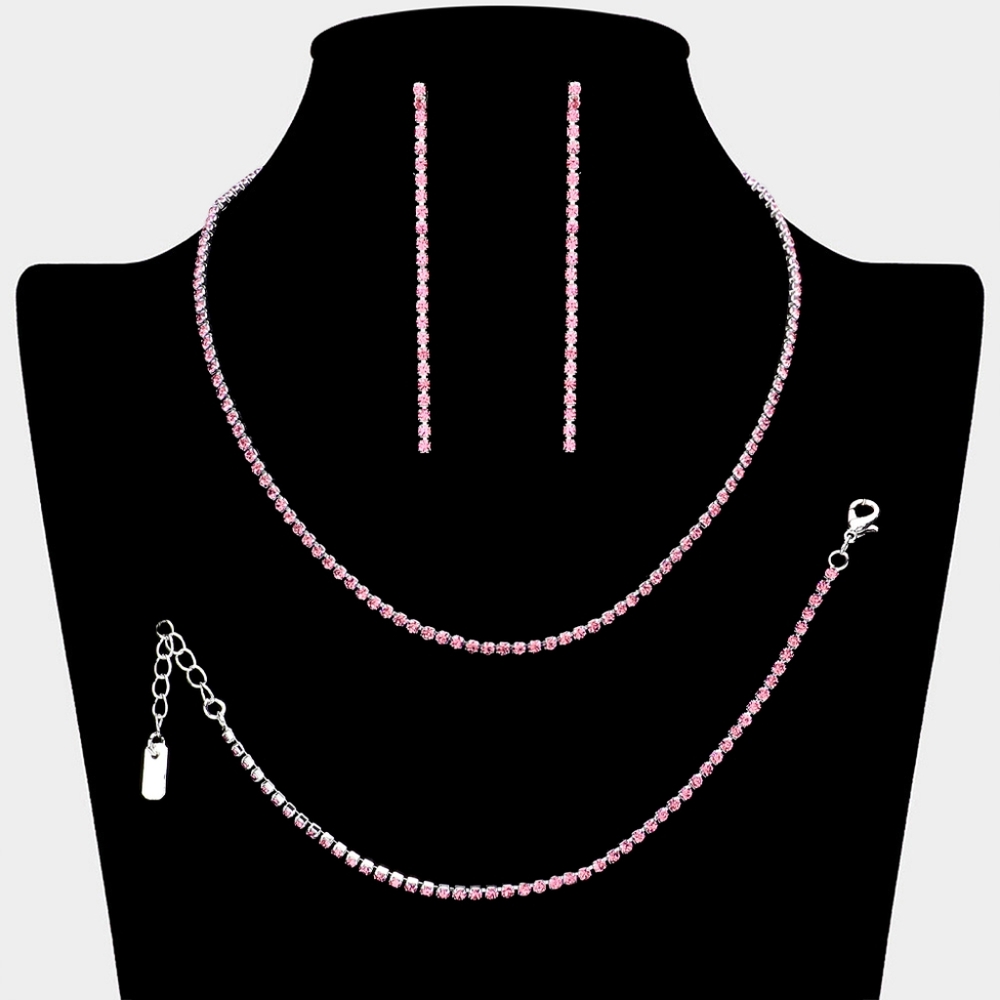 Rose Pink 3 Piece Pave Rhinestone Crystal Necklace Jewelry Set Formal Statement
